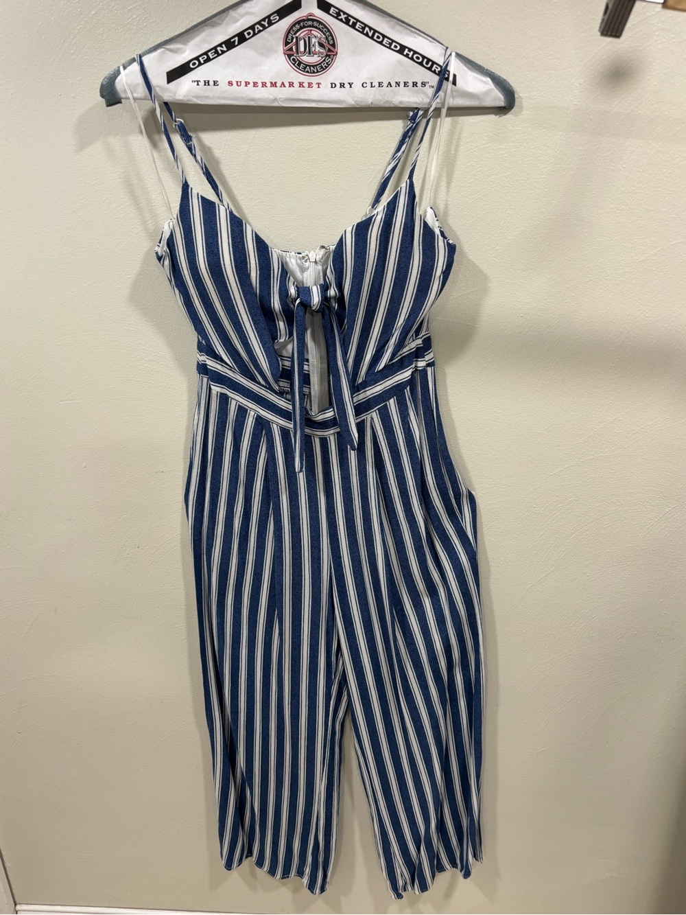 Blue and White Striped Tie-Front Jumpsuit by Love University. Size M